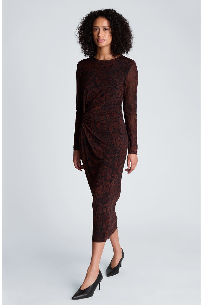 Knot Front Long Sleeve Midi Dress, Alternate, color, MEDIUM BARK MULTI