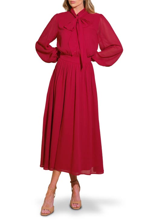 Tie Neck Long Sleeve Chiffon Midi Dress