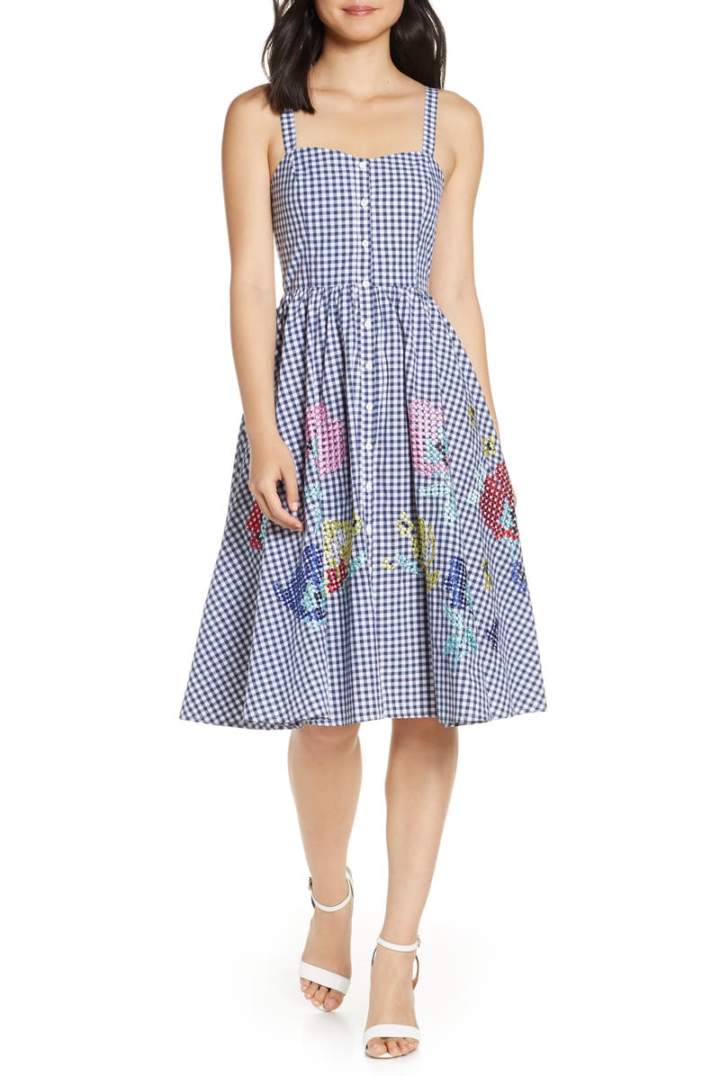 French Connection Embroidered Gingham Fit & Flare Sundress, Main, color, 