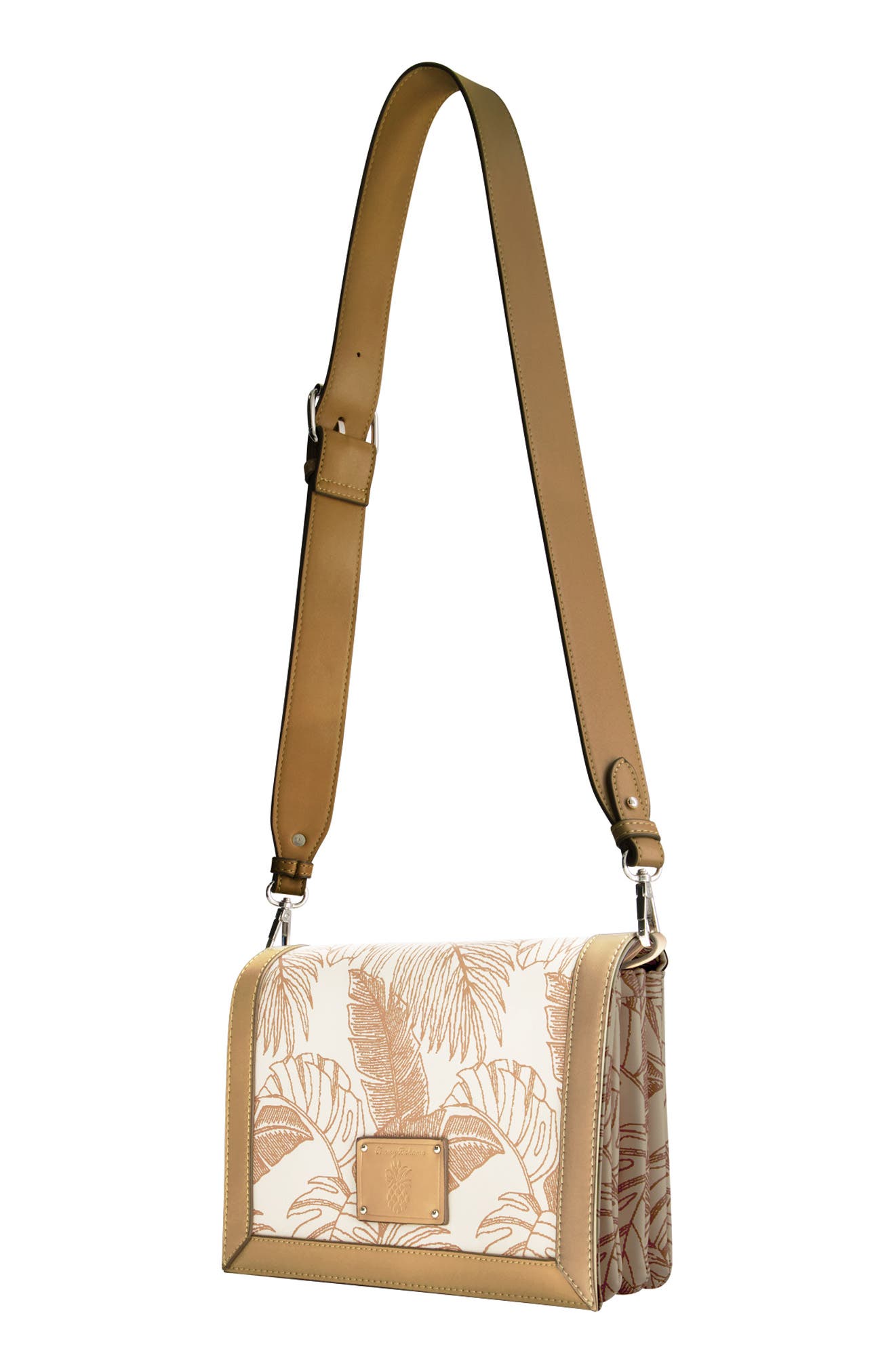 Tommy Bahama Debossed Logo Leaf Print City Crossbody Bag, Alternate, color, Tan