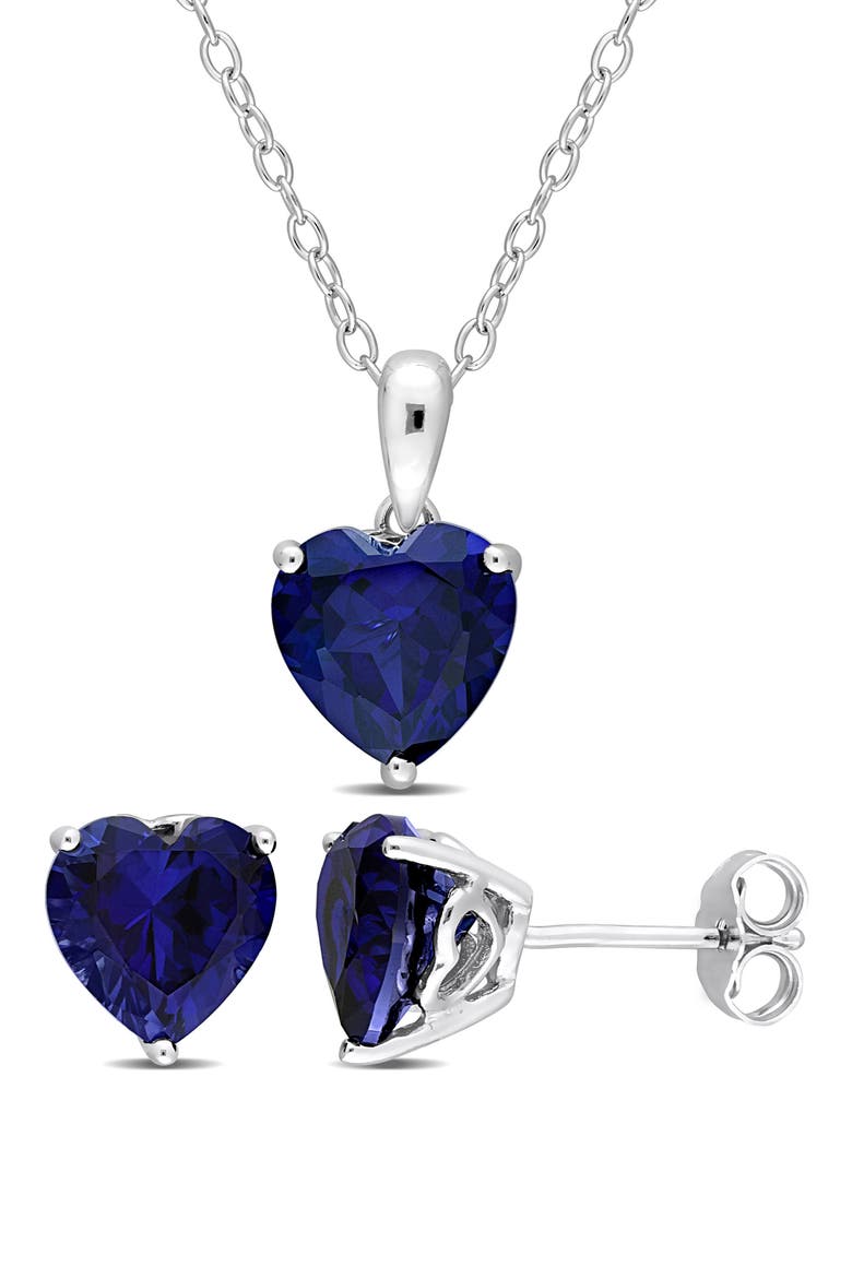 Heart Cut Lab Created Sapphire Pendant Necklace & Stud Earrings, Main, color, BLUE