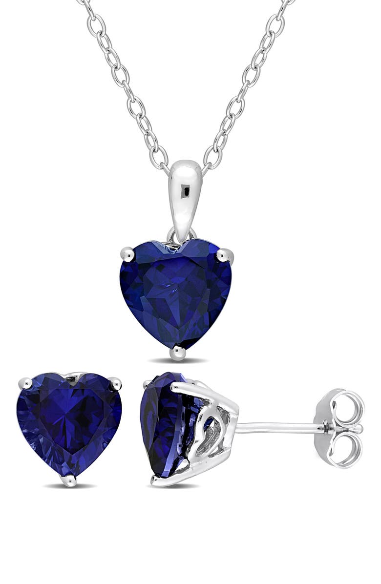 DELMAR Heart Cut Lab Created Sapphire Pendant Necklace & Stud Earrings, Main, color, Blue