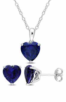 DELMAR Heart Cut Lab Created Sapphire Pendant Necklace & Stud Earrings