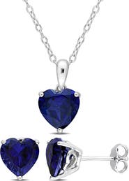 DELMAR Heart Cut Lab Created Sapphire Pendant Necklace & Stud Earrings