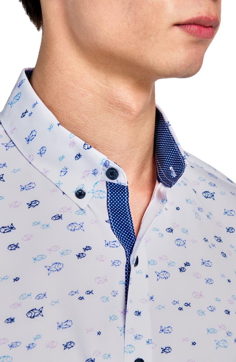 CONSTRUCT Fish Short Sleeve Woven Button Down Shirt, Alternate, color, White
