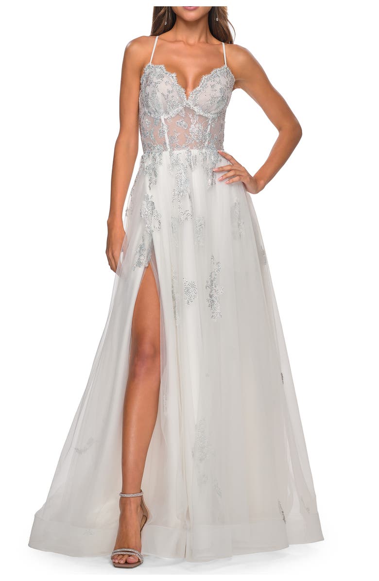 La Femme A-Line Tulle Gown with Scallop Detail Bodice and Lace Applique, Main, color, White