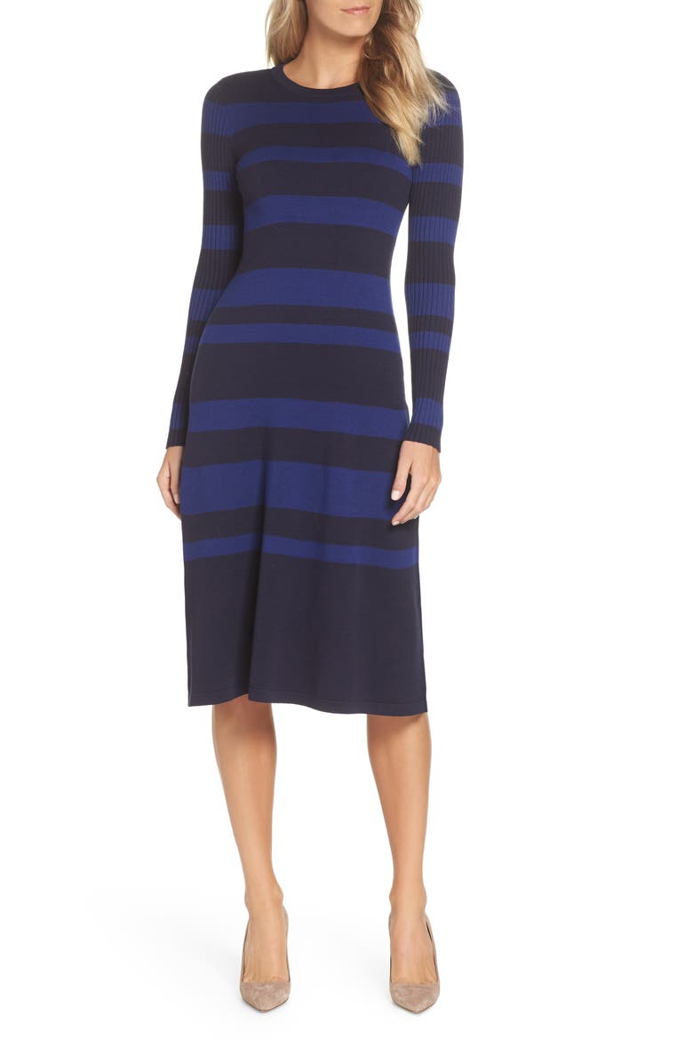 Stripe Midi Dress, Main, color, NAVY