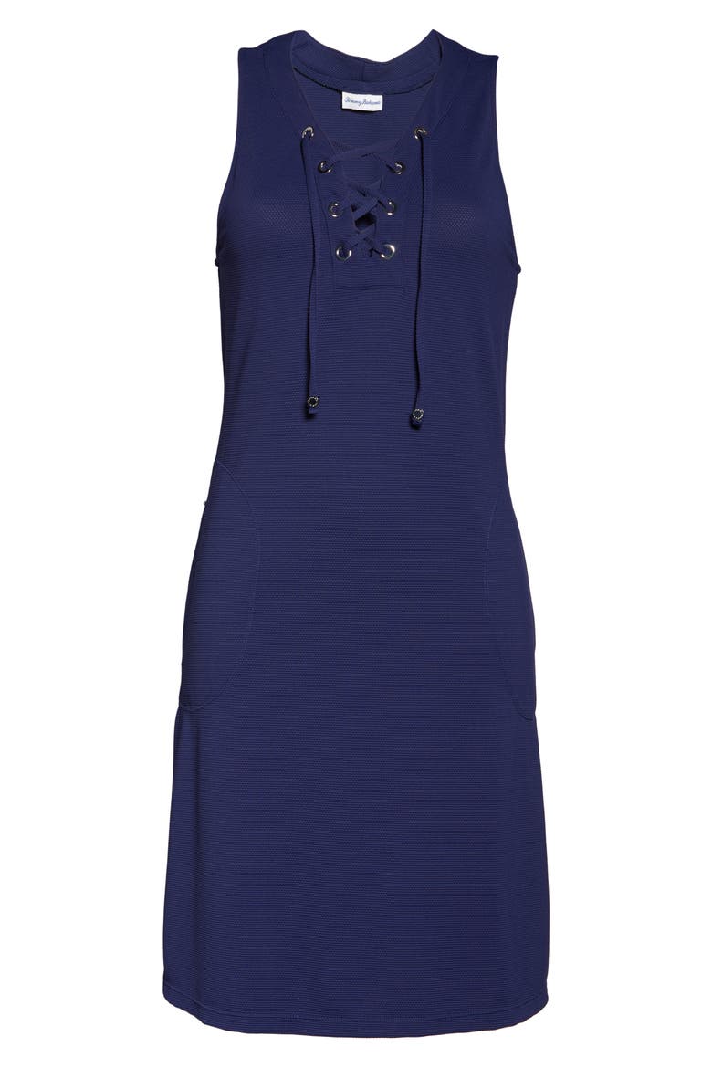 Colorblock Lace-Up Cover-Up Dress, Alternate, color, AZURE BLUE