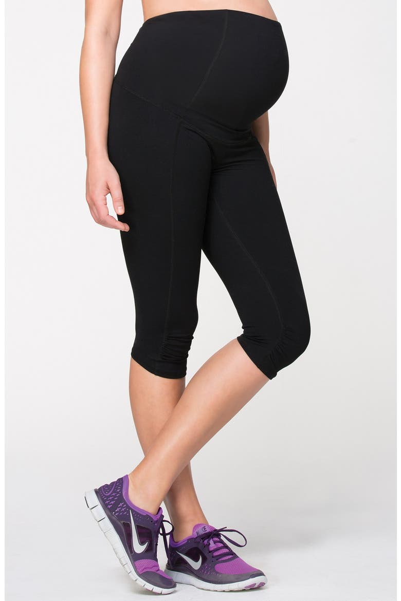 Ingrid & Isabel® Knee Length Active Maternity Pants with Crossover Panel, Main, color, JET BLACK