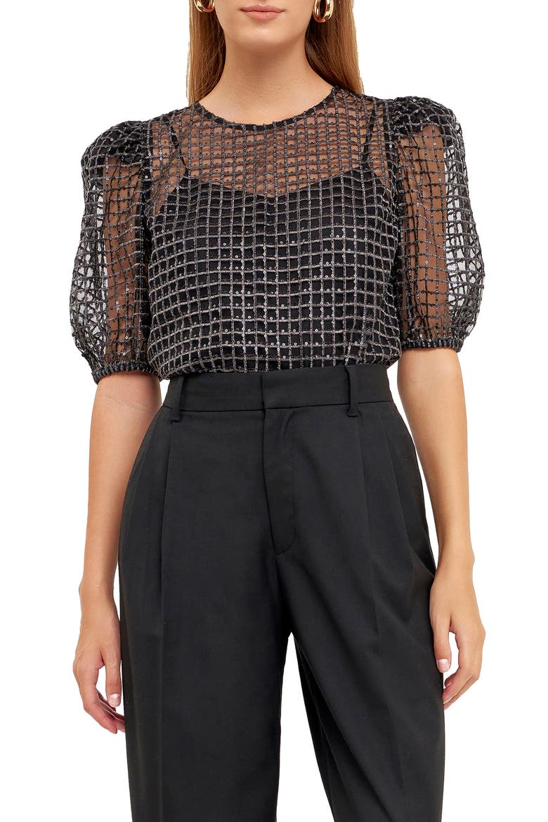 Sequin Grid Mesh Top, Main, color, BLACK