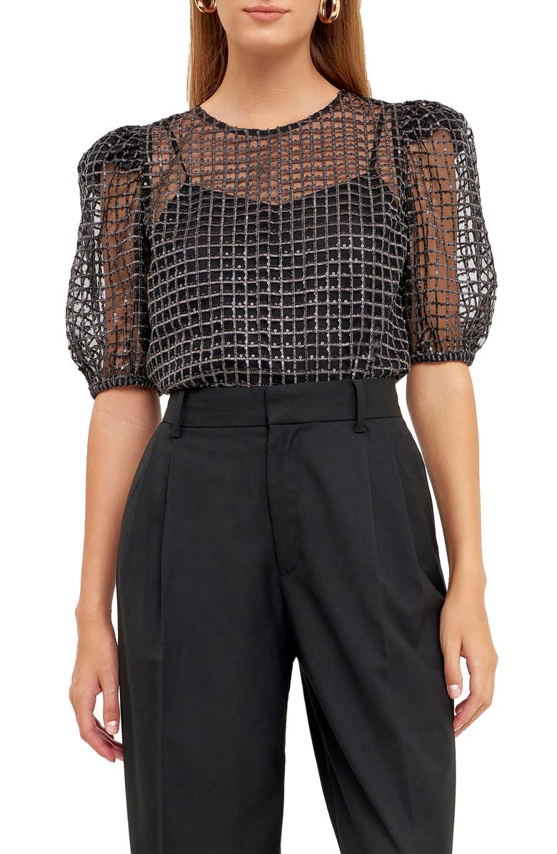 Endless Rose Sequin Grid Mesh Top, Main, color, Black