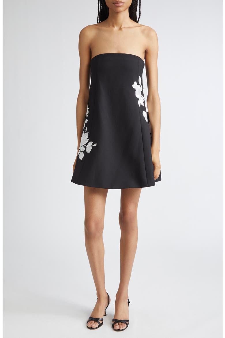 Irla Trailing Floral Strapless Minidress, Main, color, BLACK/ IVORY
