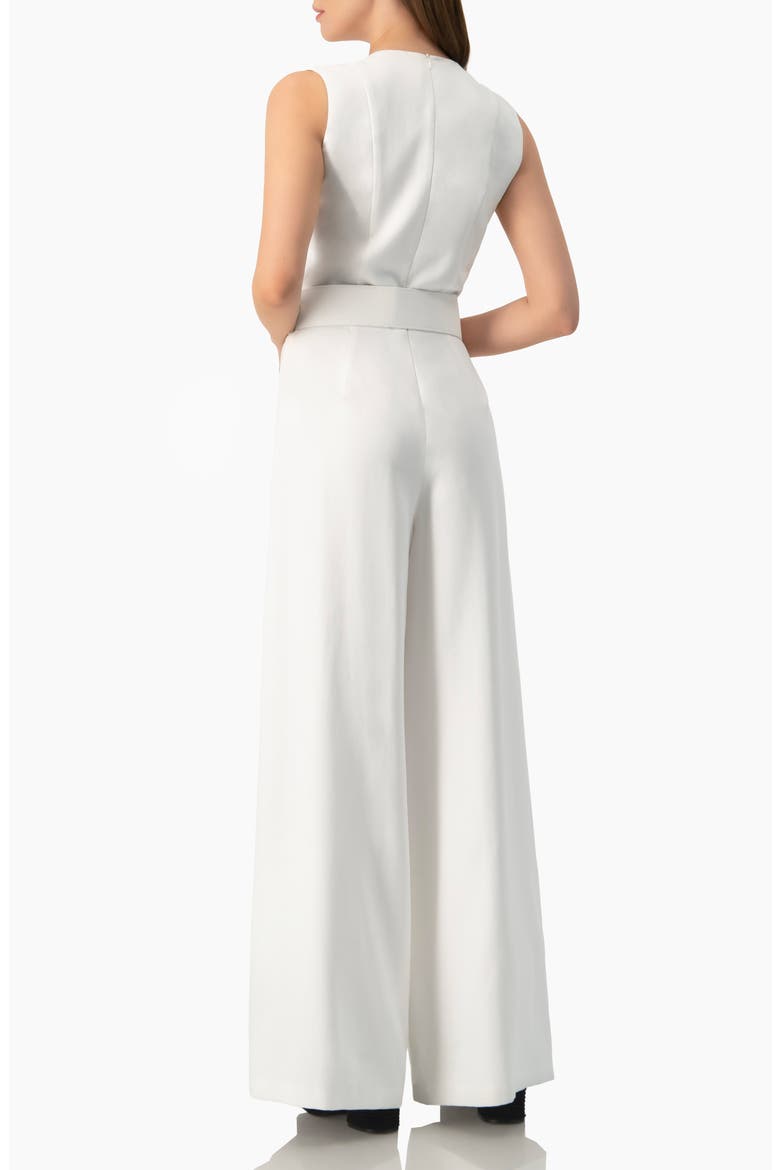 Clean V-Neck Buckle-Belt Wide-Leg Tailored Jumpsuit, Alternate, color, White