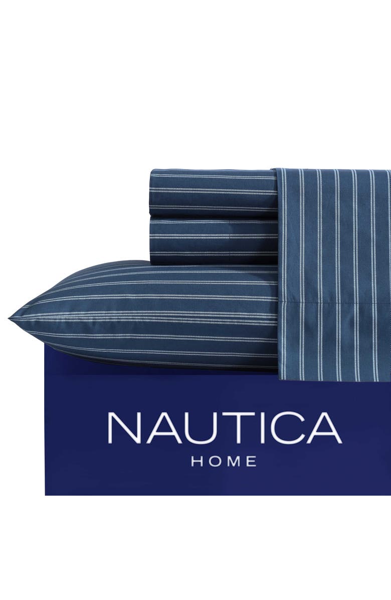 Nautica Richmond Stripe 200 Thread Count Cotton Percale Sheet Set, Alternate, color, Captains Blue