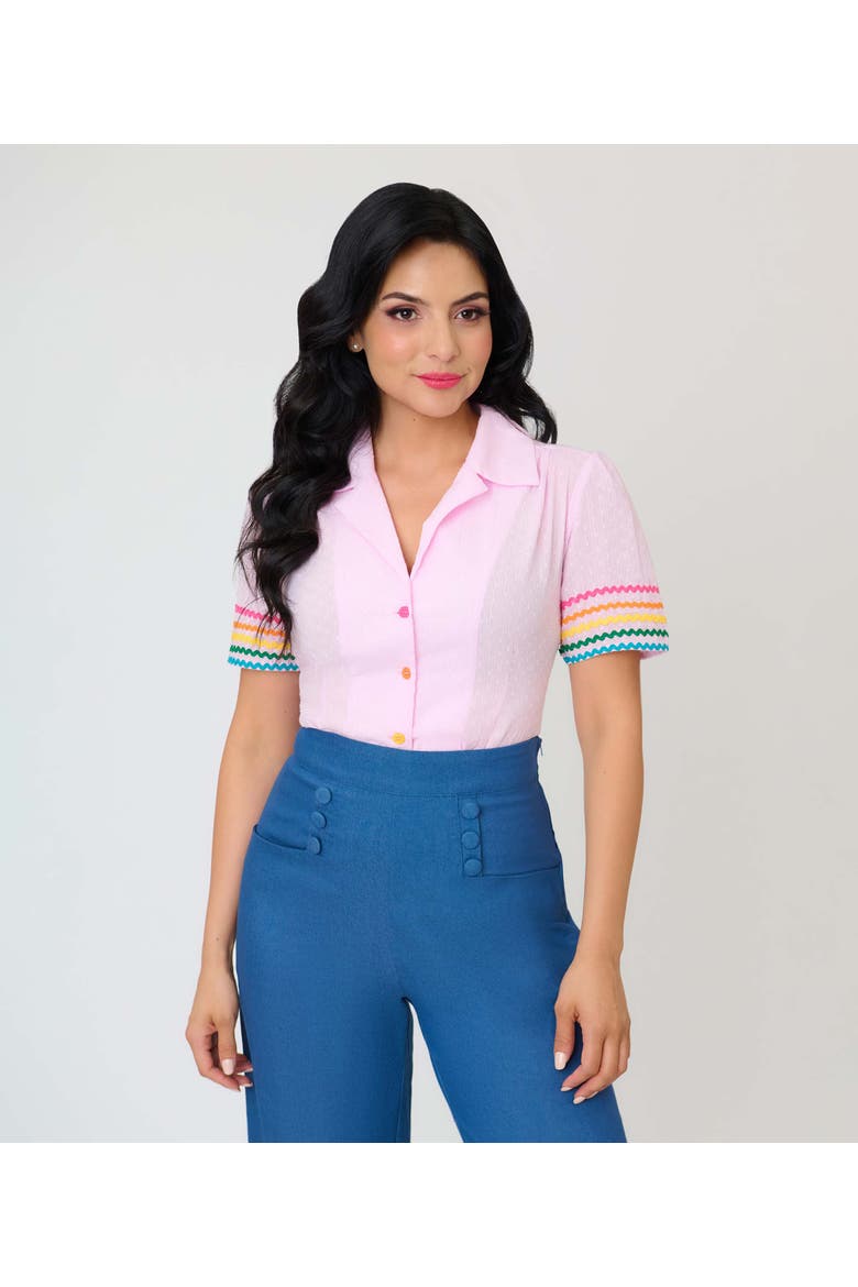 1940s Short Sleeve Collared Button Down Woven Blouse, Main, color, Pink w/ Rainbow Print