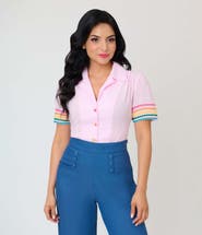 Unique Vintage 1940s Short Sleeve Collared Button Down Woven Blouse