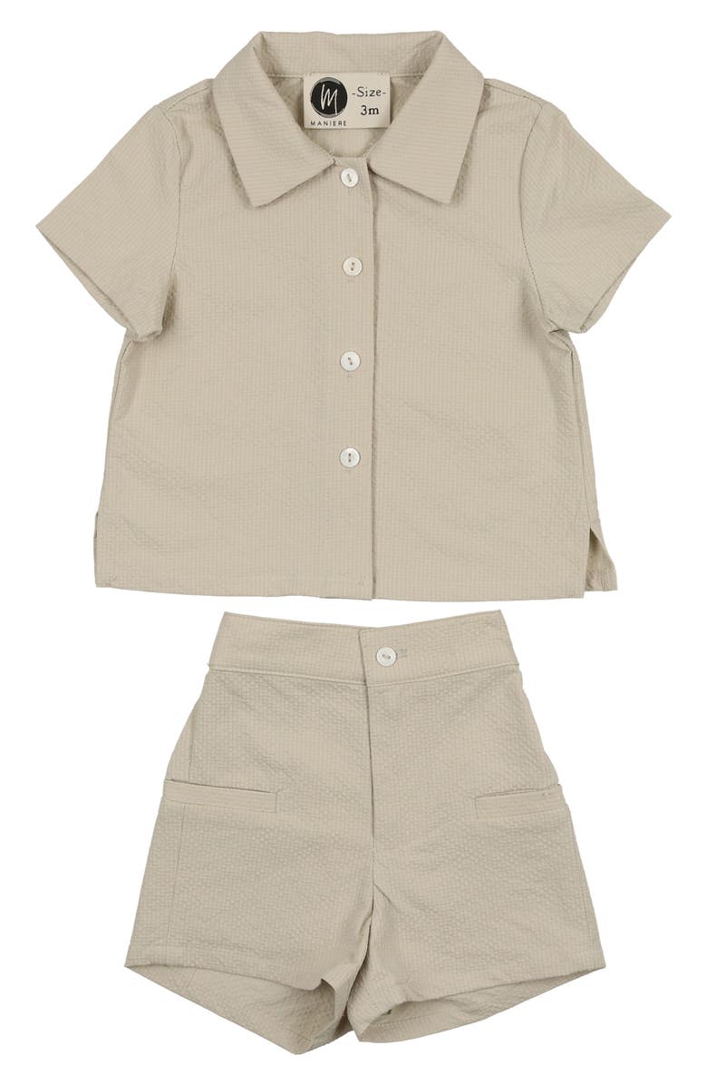 Manière Kids' Textured Grid Button-Up Shirt & Shorts Set, Main, color, Sand