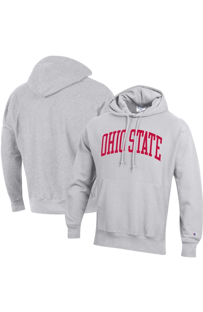Champion Men's Champion Heathered Gray Ohio State Buckeyes Team Arch Reverse Weave Pullover Hoodie, Main, color, 