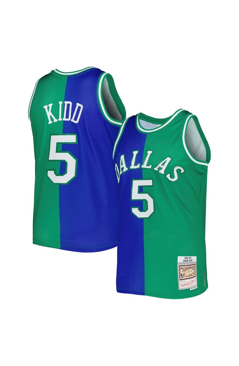 Mitchell & Ness Men's Mitchell & Ness Jason Kidd Blue/Green Dallas Mavericks Hardwood Classics 1994/95 Split Swingman Jersey, Main, color, 