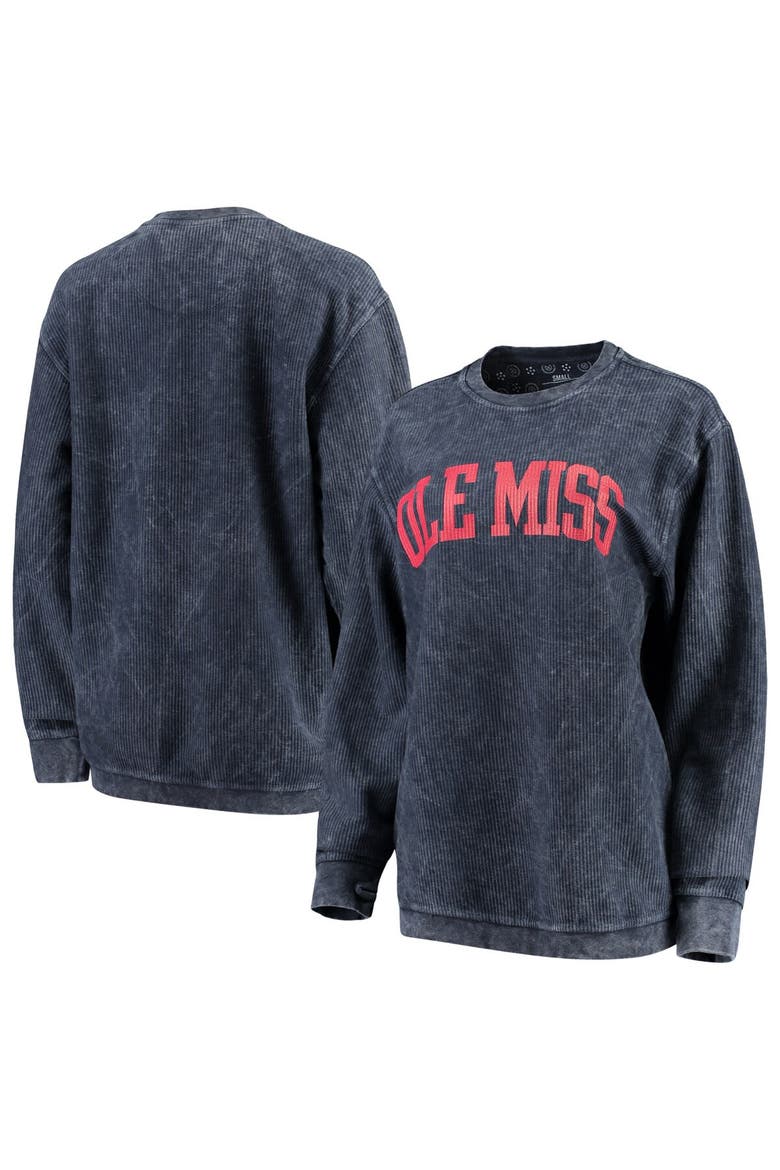 Women's Pressbox Navy Ole Miss Rebels Comfy Cord Vintage Wash Basic Arch Pullover Sweatshirt, Main, color, Navy