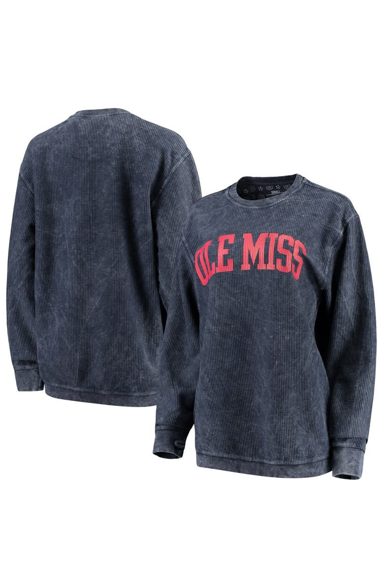 PRESSBOX Women's Pressbox Navy Ole Miss Rebels Comfy Cord Vintage Wash Basic Arch Pullover Sweatshirt, Main, color, Navy