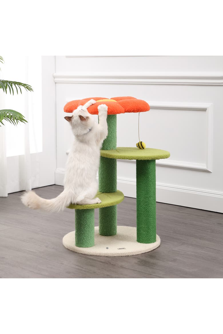 Poppy 3-Tier Modern Jute Flower Cat Tree with Dangling Toy, Alternate, color, Orange/Green