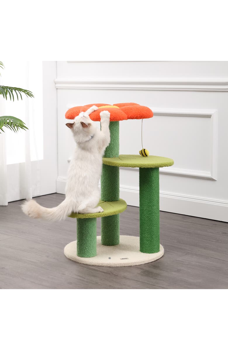 The Licker Store Poppy 29" 3-Tier Modern Jute Flower Cat Tree with Dangling Toy, Alternate, color, Orange/Green