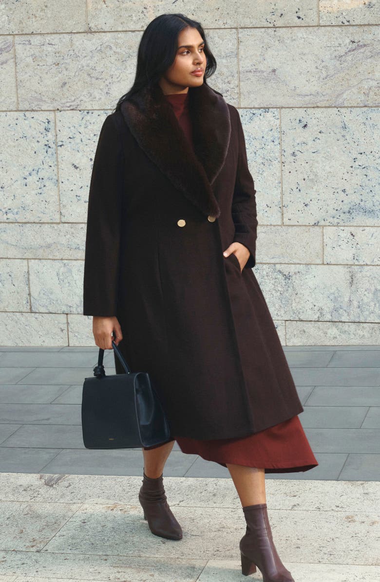 Estelle Alastair Double Breasted Coat with Removable Faux Fur Collar, Alternate, color, Mocha