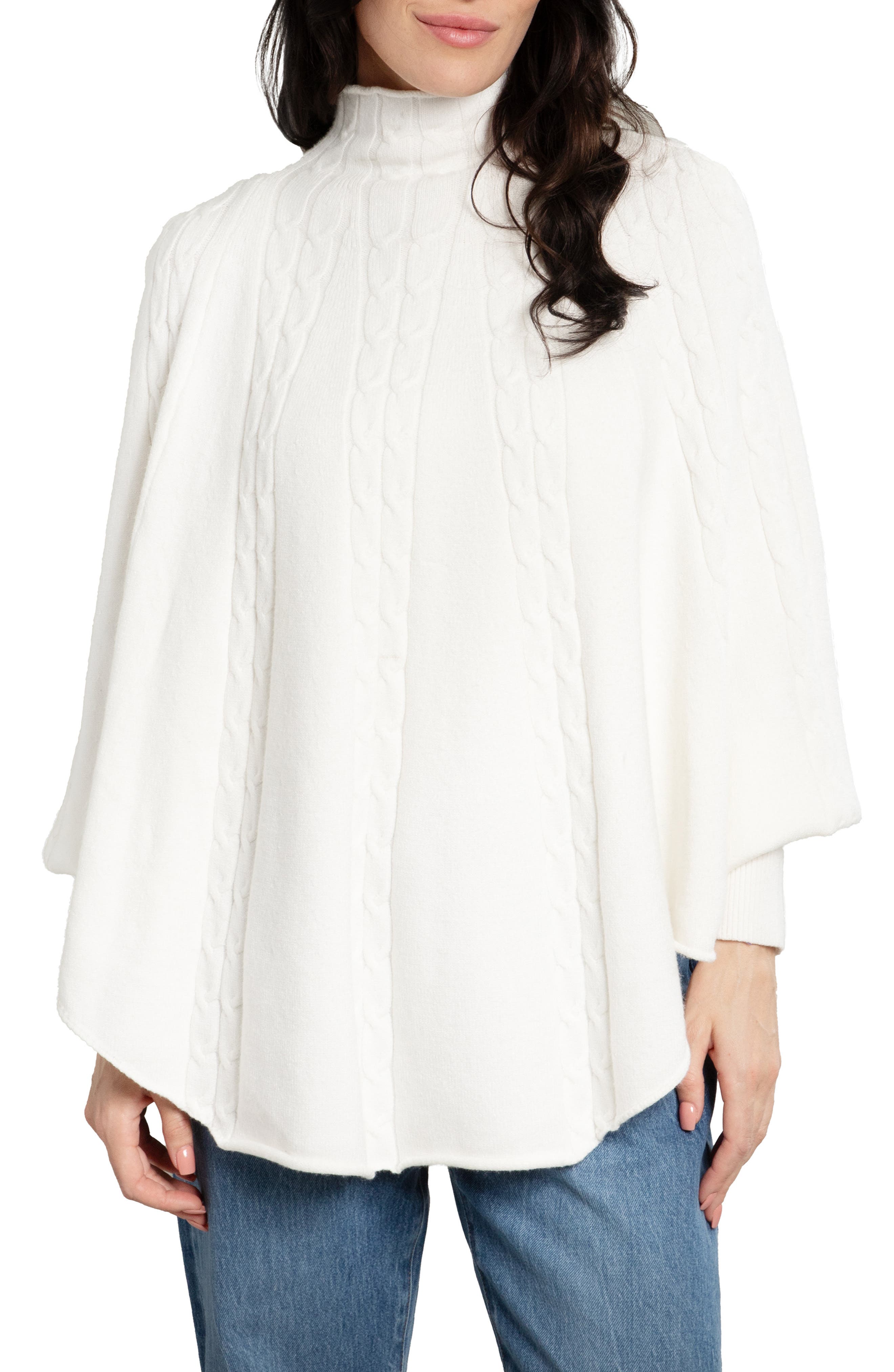 SAACHI Batwing Sleeve Cable Knit Poncho Sweater