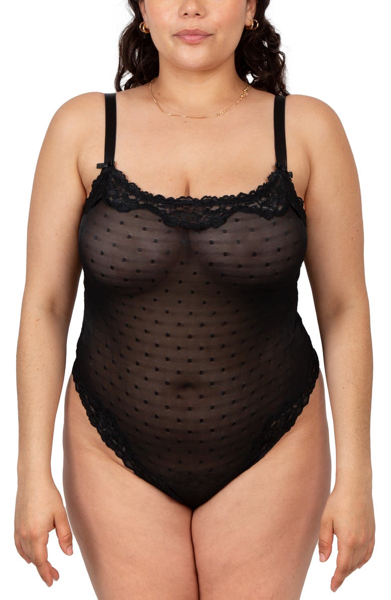 Curvy Couture Sheer Whisper Lace Thong Teddy, Main, color, Onyx