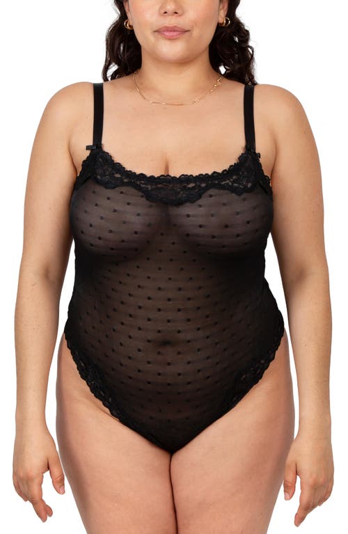 Curvy Couture Sheer Whisper Lace Thong Teddy In Onyx