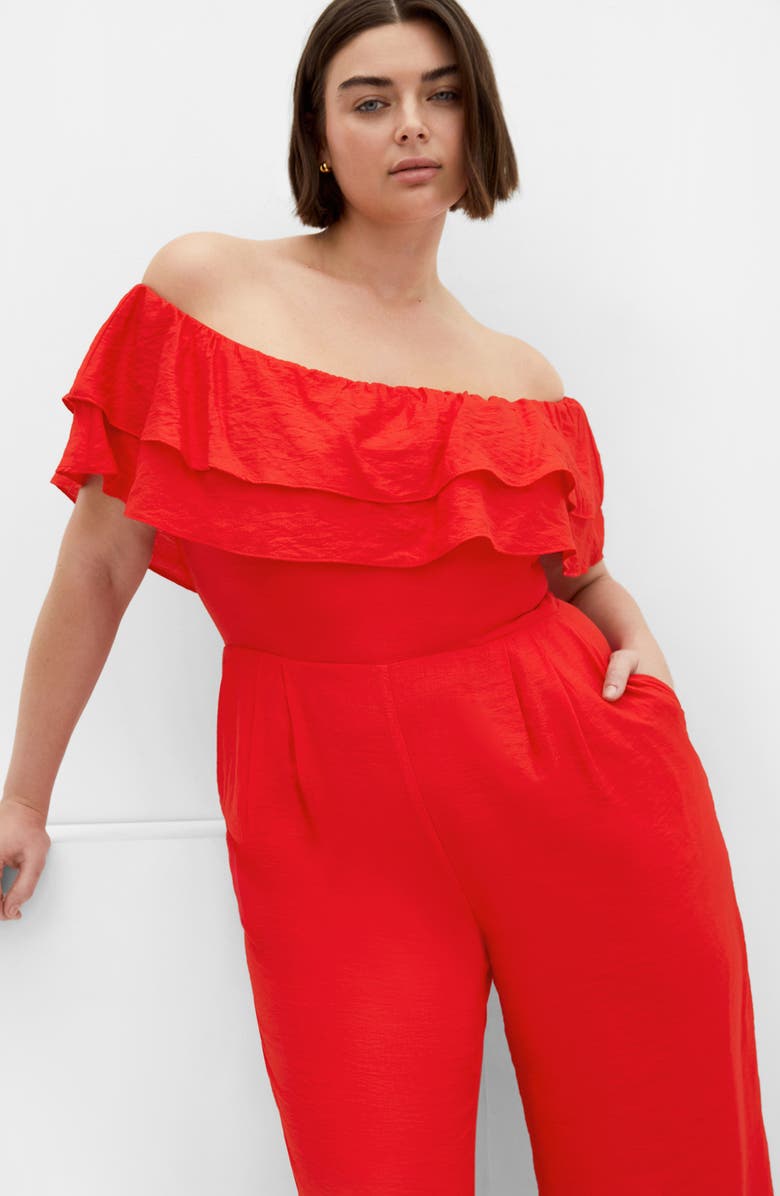 City Chic Poppy Ruffle Off the Shoulder Jumpsuit, Alternate, color, Sunset