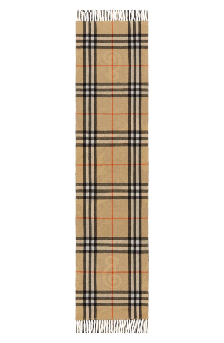 Burberry Reversible Stormy Knight & Check Cashmere Fringe Scarf, Alternate, color, Sand