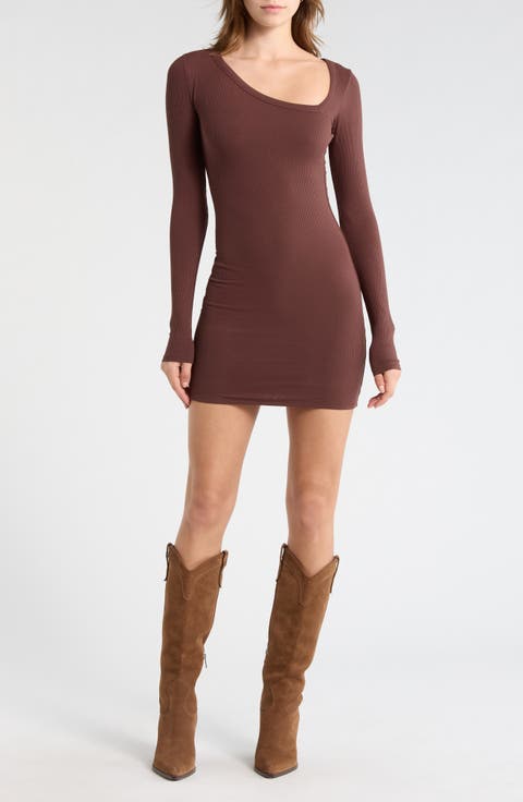 Micro Rib Asymmetric Long Sleeve Body-Con Minidress