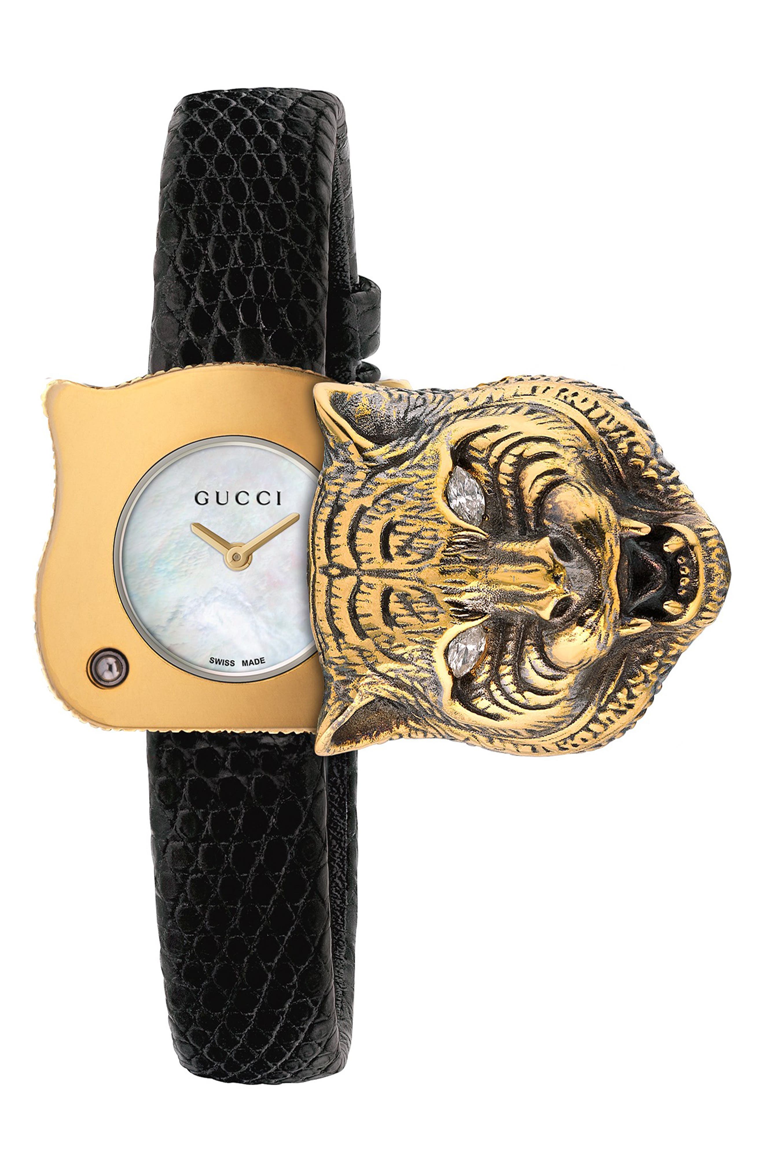 Gucci Tiger Head Diamond Leather Strap Watch, 22mm (Women) | Nordstrom