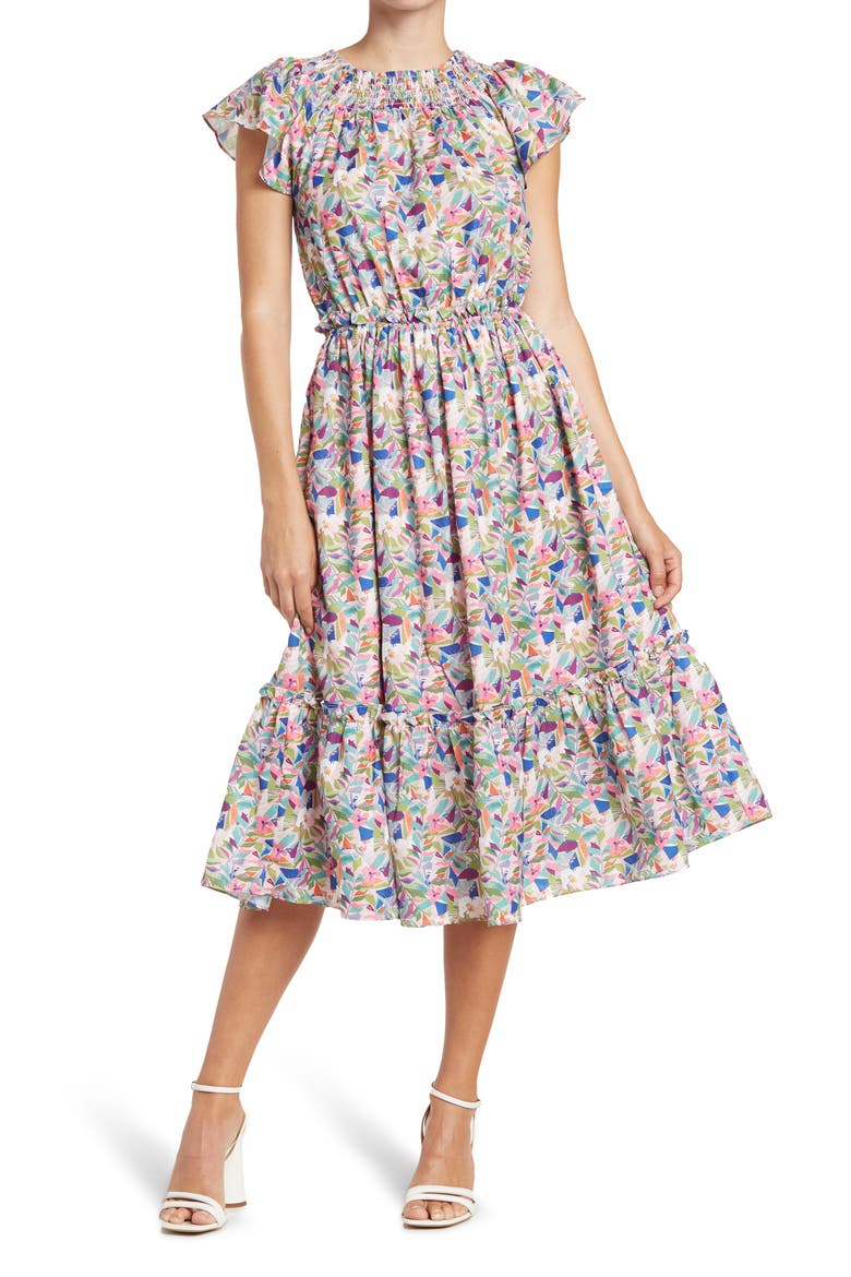 Dalila Floral Ruffle Midi Dress, Main, color, TROPICAL D