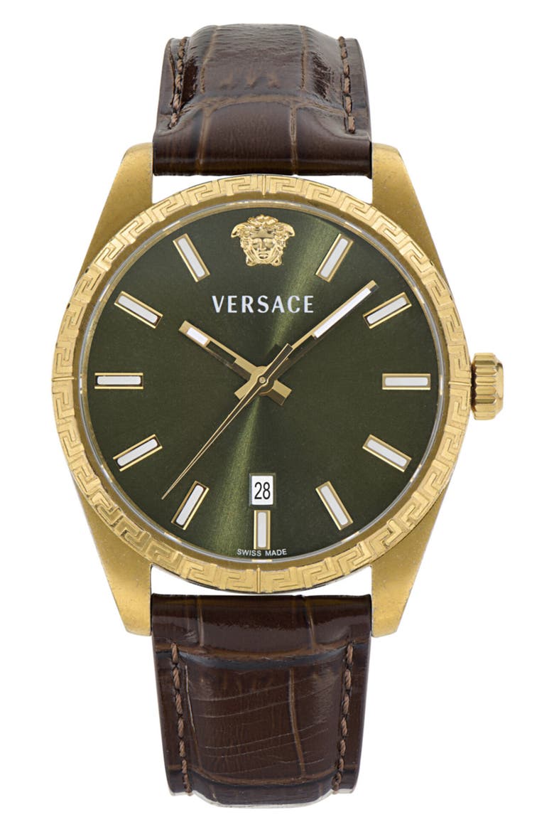 Millenyium Leather Strap Watch, 40mm, Main, color, IP YELLOW GOLD