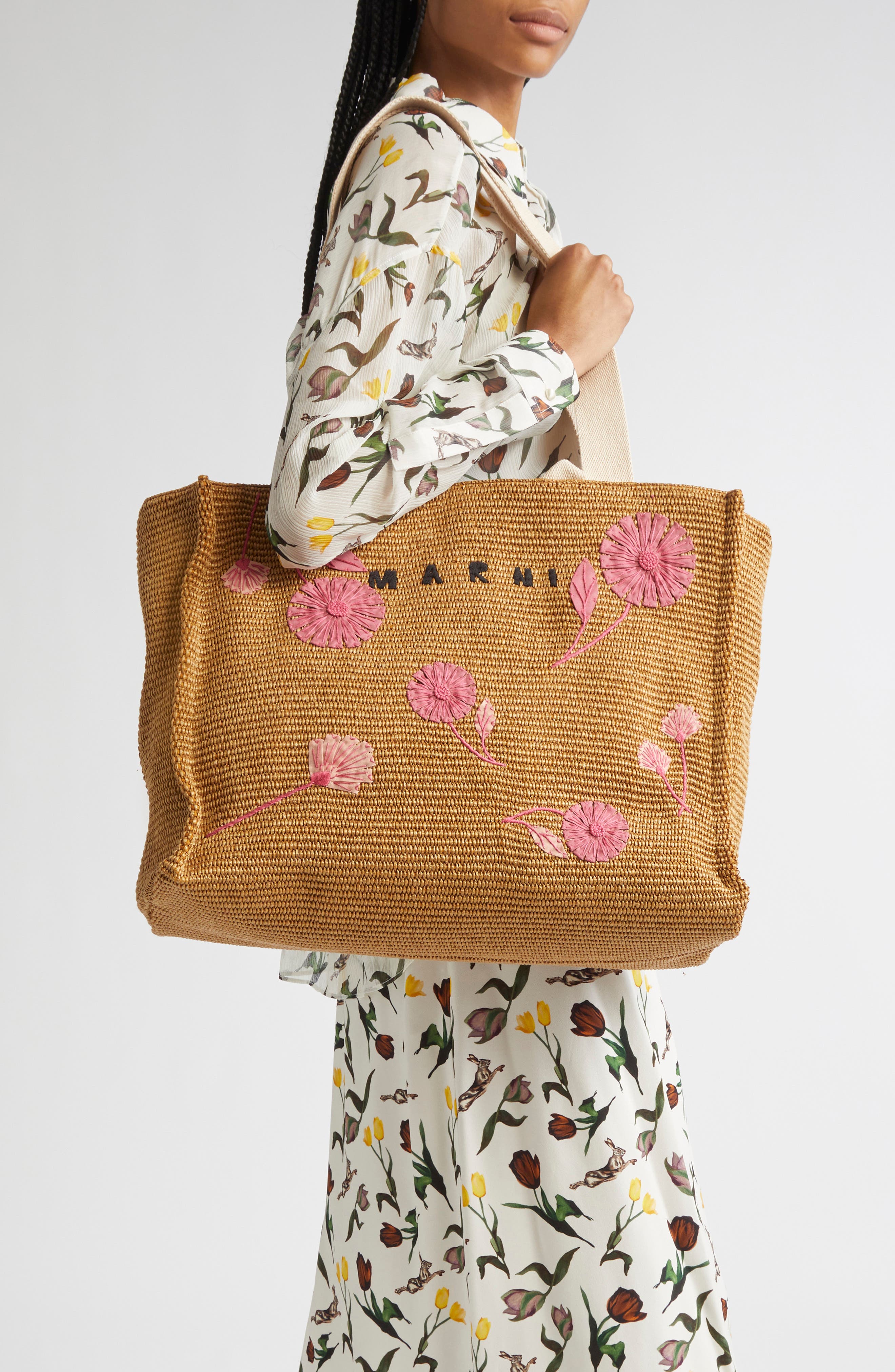 Marni Large Floral Embroidered Tote, Alternate, color, Natural