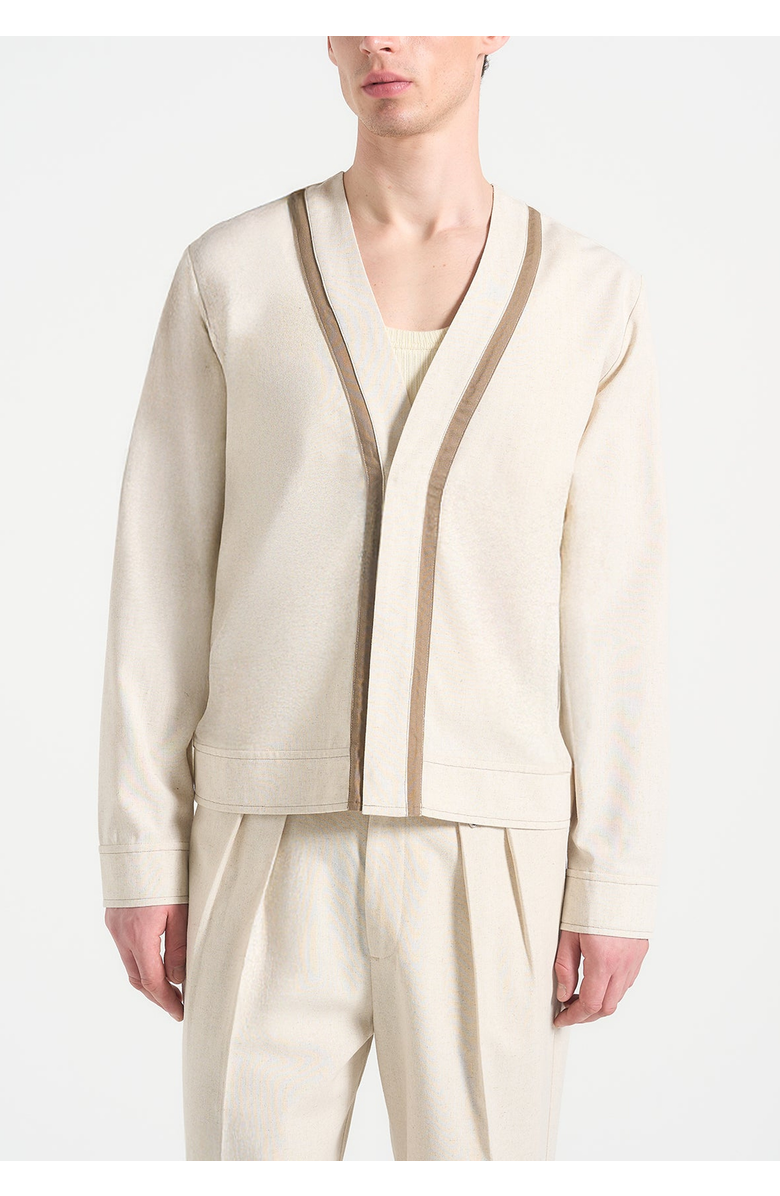Manière De Voir Alain Linen Cardigan with Contrast Placket, Main, color, Natural