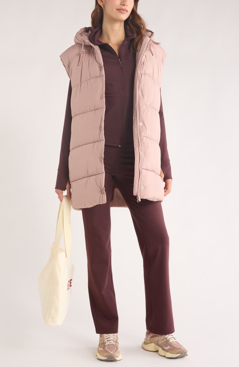 Zella Longline Hooded Puffer Vest, Alternate, color, Pink Fawn
