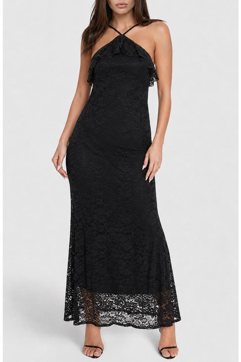 Lace Ruffle Halter Maxi Dress, Main, color, BLACK