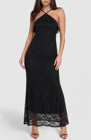 bebe Lace Ruffle Halter Maxi Dress