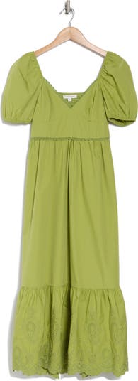 Puff Sleeve Embroidered Hem Maxi Dress