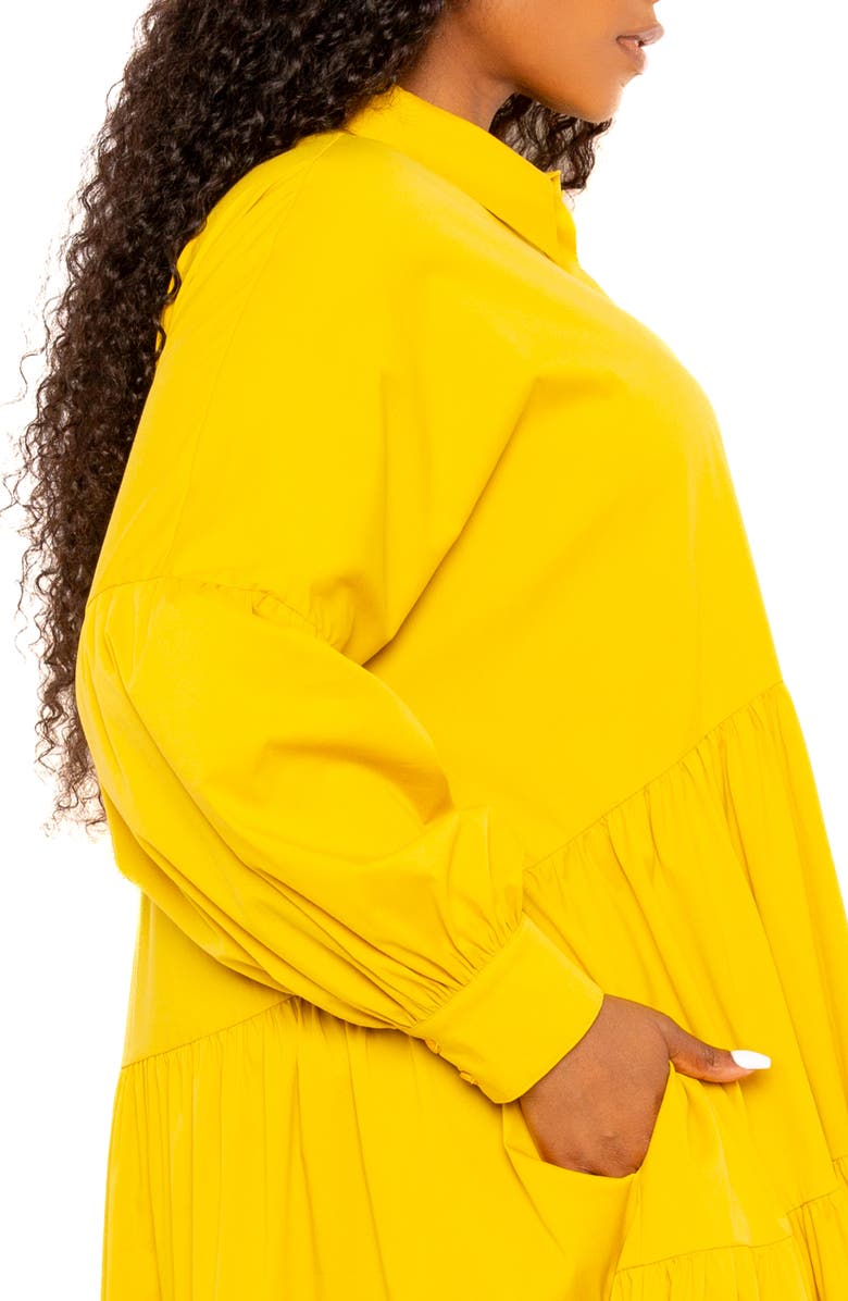 BUXOM COUTURE Long Sleeve Tiered Cotton Blend Shirtdress, Alternate, color, Mustard