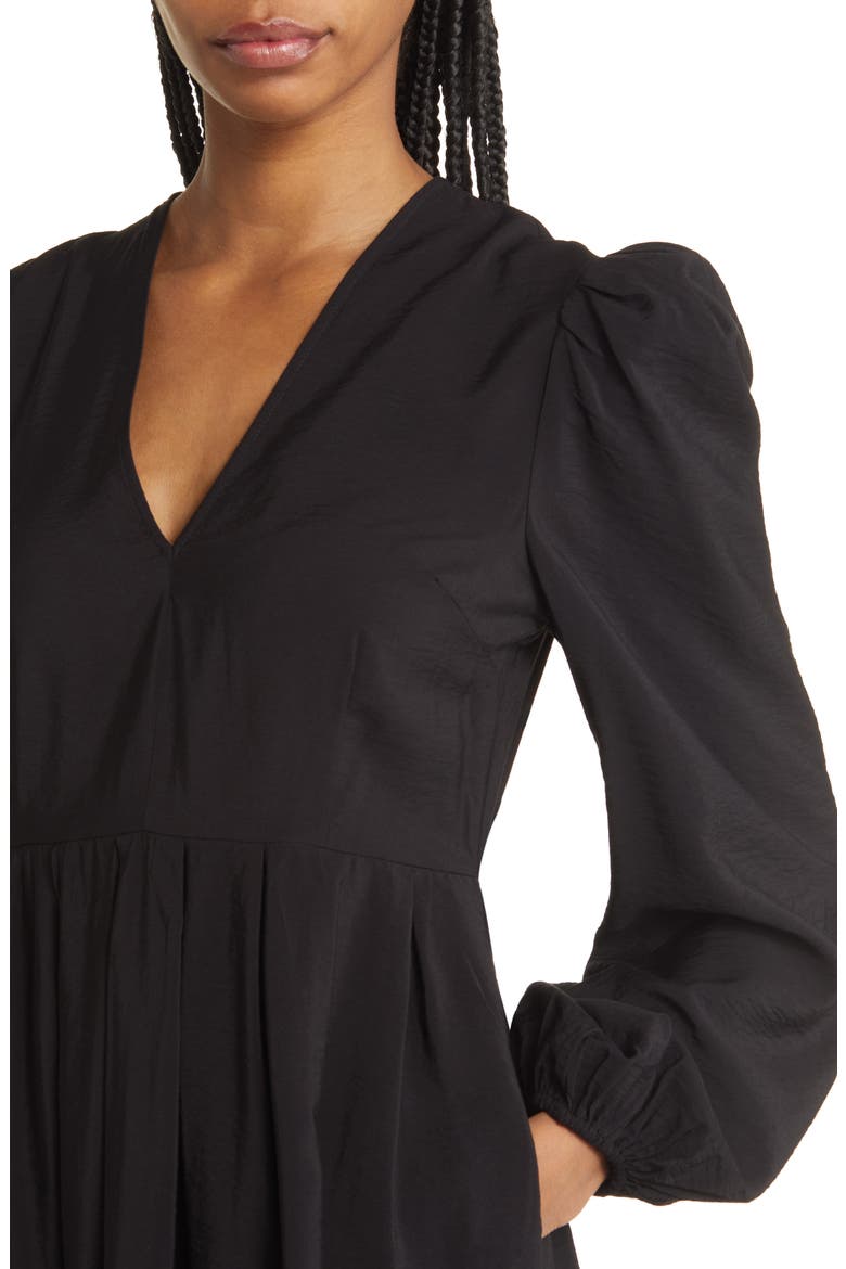 Pleated Puff Shoulder Long Sleeve Midi Dress, Alternate, color, BLACK