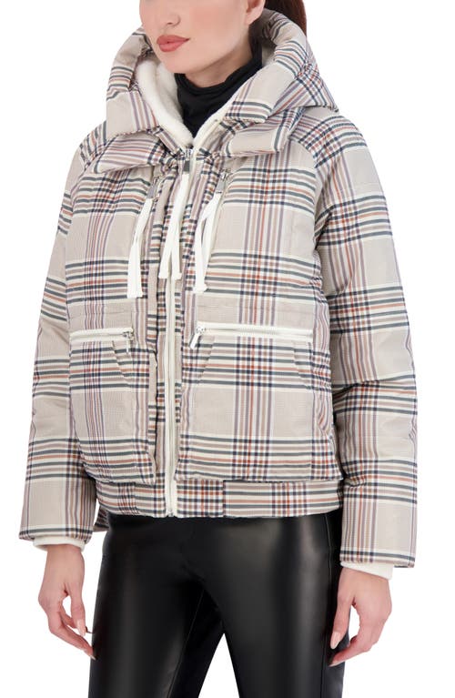 Ookie & Lala Plaid Faux Fur Lined Utility Crop Puffer Hooded Jacket In Camel Plaid