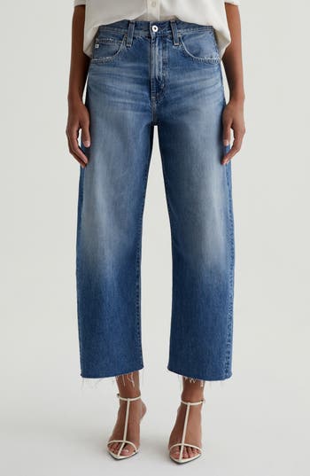 Ag Hattie Raw Hem High Waist Crop Barrel Leg Jeans In Blue