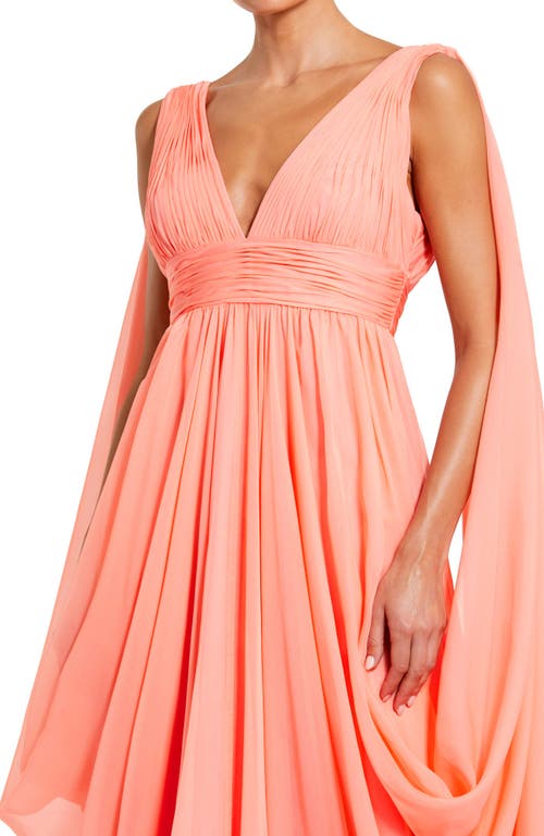 Mac Duggal V Neck Chiffon Gown With Draping Details In Coral