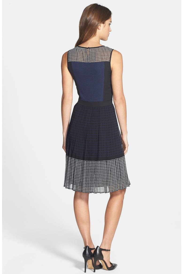 Print Fit & Flare Dress, Alternate, color, BLACK- NAVY ENGINEERED GRID