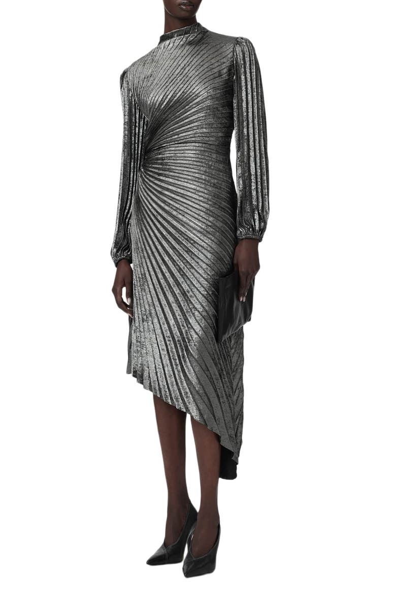 Milena Pleated Metallic Midi Dress, Alternate, color, PLATINUM SILVER
